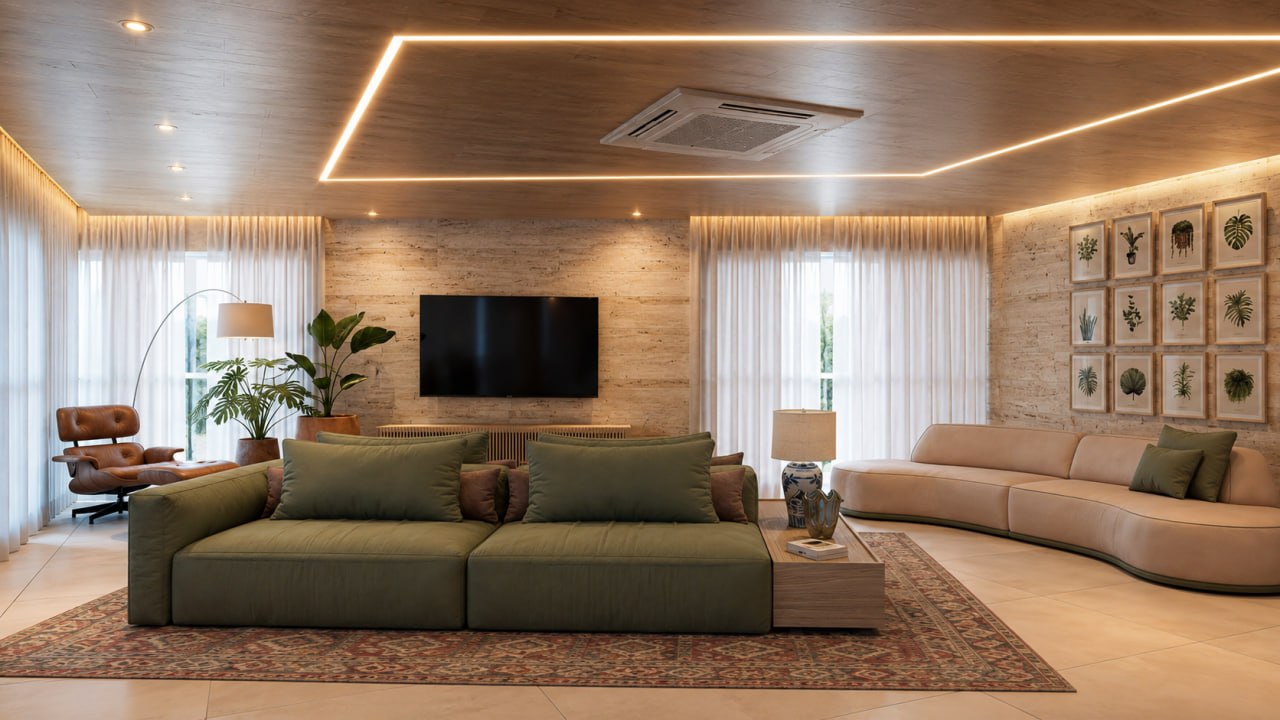 Sala de estar com iluminação linear, sofá central, poltrona e painel de TV em revestimento amadeirado